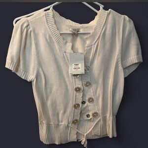 Kohl's Cream Short Sleeve Button Front Cardigan Sweater